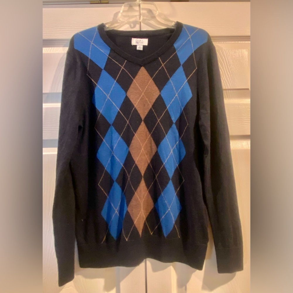 Croft & Barrow Navy Argyle Sweater Long Sleeve Cotton Blend Pullover Men's Sz M